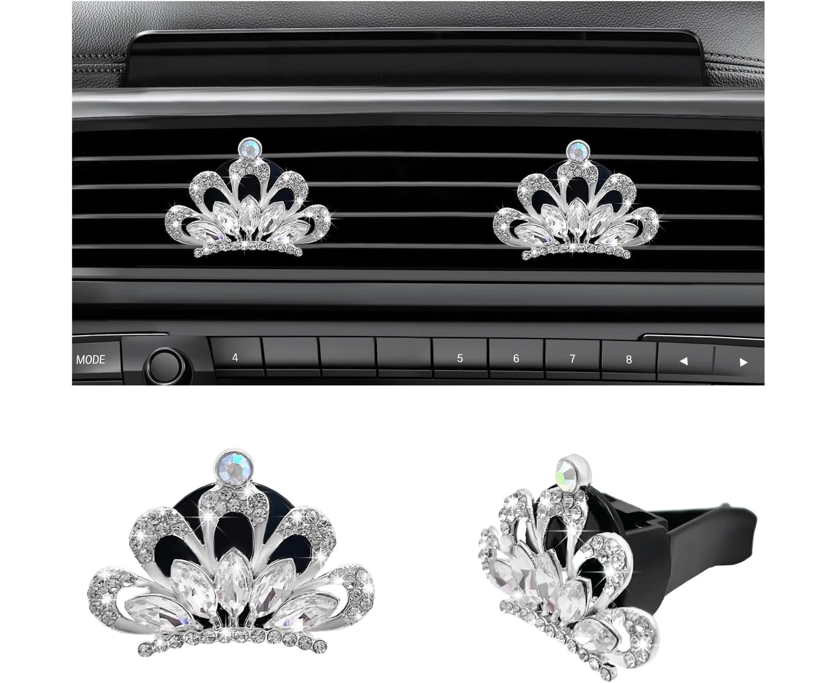 2PCS Bling Car Air Vent Clips, Crystal Rhinestone Crown Air Freshener Outlet Diffuser Clip, Auto Air Conditioning Clip Charm for Women Girls, Interior Deco