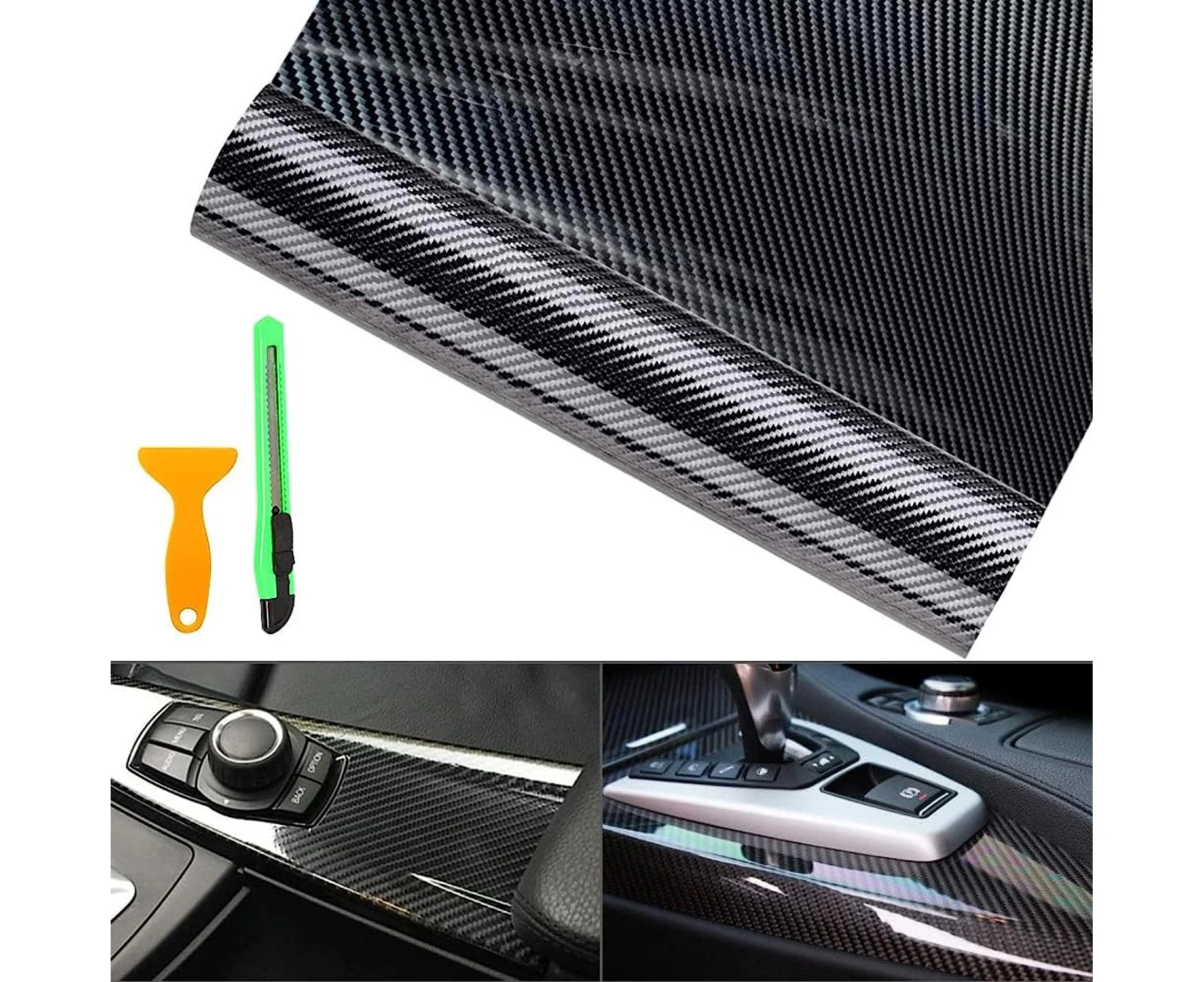 QIOON 6D Carbon Fiber Vinyl Wrap Roll, Black Super Glossy Car Wrap Film Featuring Bubble Free Air Release Technology, Car Moto DIY Interior Exterior (30CM