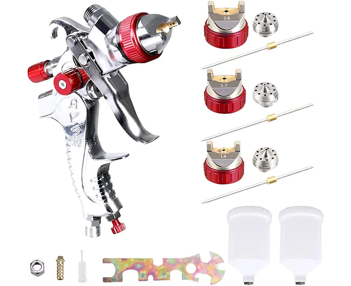 HVLP Gravity Feed Air Spray Gun Kit with 3 Nozzle Sizes 1.4/1.7/2mm Tip 600cc Cup, Precision Control and Dripless Painting, Suitable for Primer Topcoat Aut