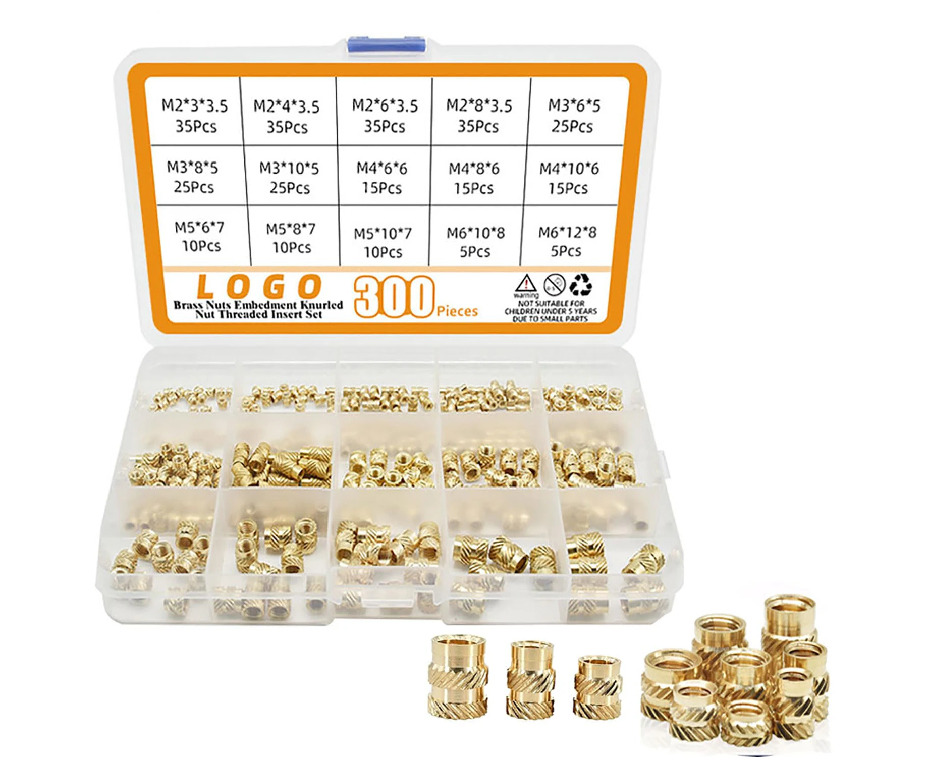 YQkangzhu 300Pcs Threaded Inserts M2+M3+M4+M5+M6 Assortment Box, 3D Printing Components Brass Nuts, Female Knurled Thread Insert Nuts, Brass Heat Set Inser