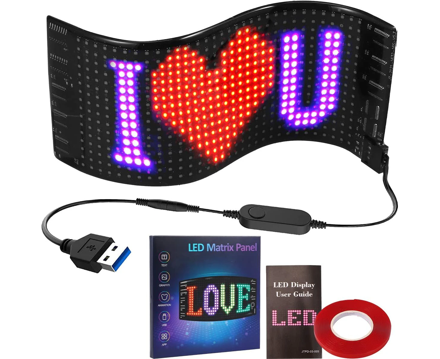 LED Scrolling Sign, 5V 2A Bluetooth USB Control Scrolling Advertising Sign Flexible Car Sign Board Display with 7 Colors Portable Shop Window Message Sign