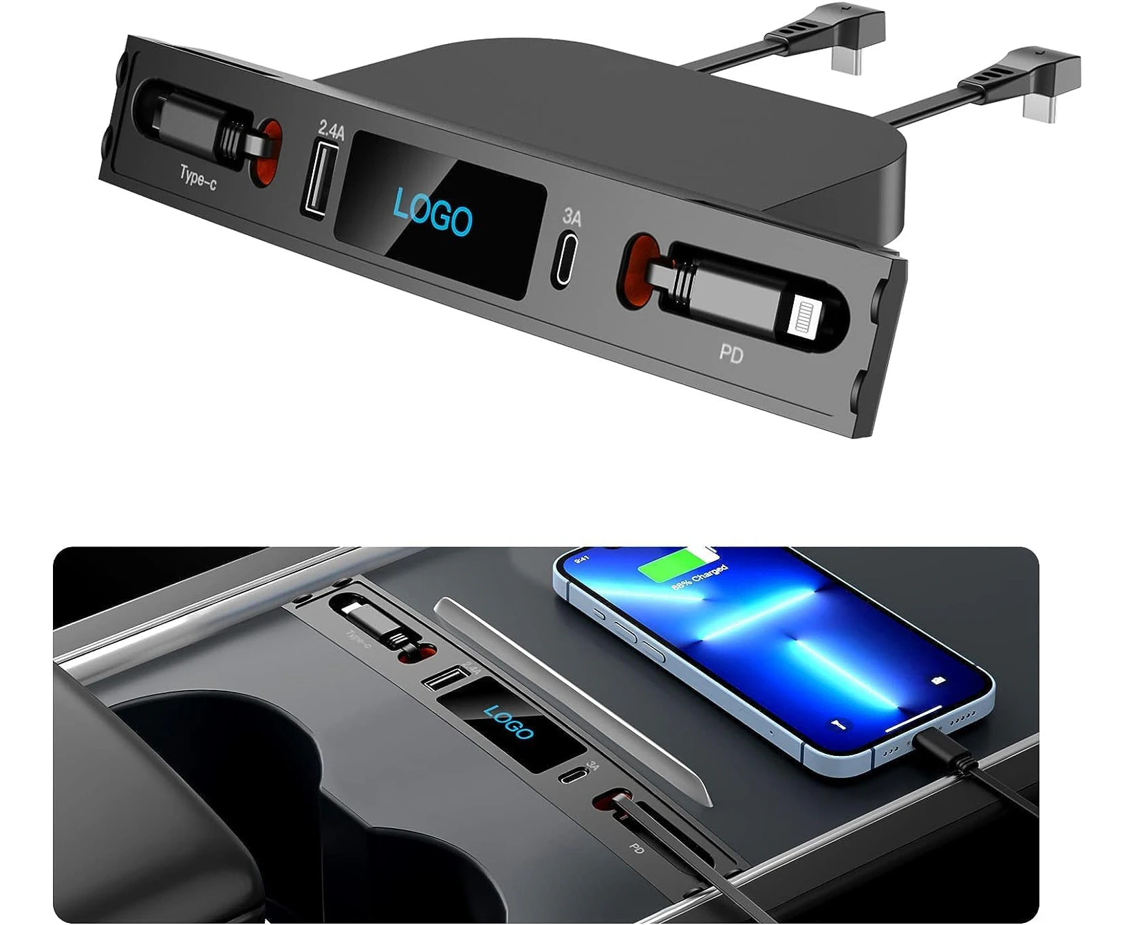 Car USB Charger Multi Port Compatible with 2021 2022 2023 Tesla Tesla Model 3/Model Y, Accessories and Retractable Cable, Compatible with Tesla USB hub Fit