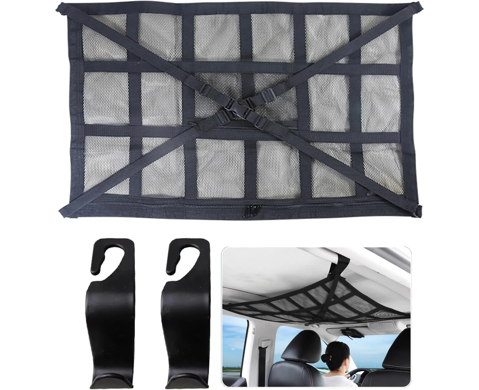 WEZCHUGHAOL Adjustable Cross Strap Car Ceiling Cargo Net Pocket - Double Layer Mesh Car Organizer with Zipper, 35.83 * 24.8", Ideal Car Interior Accessorie