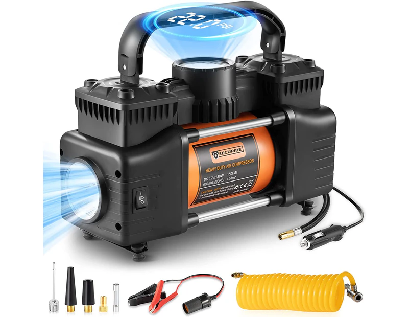 SECURIDE 12V Air Compressor Heavy Duty Pump for Car, Dual Cylinder Portable Tire Inflator 150PSI with LED Work Lights for Auto,Truck,SUV, RV,Balls etc