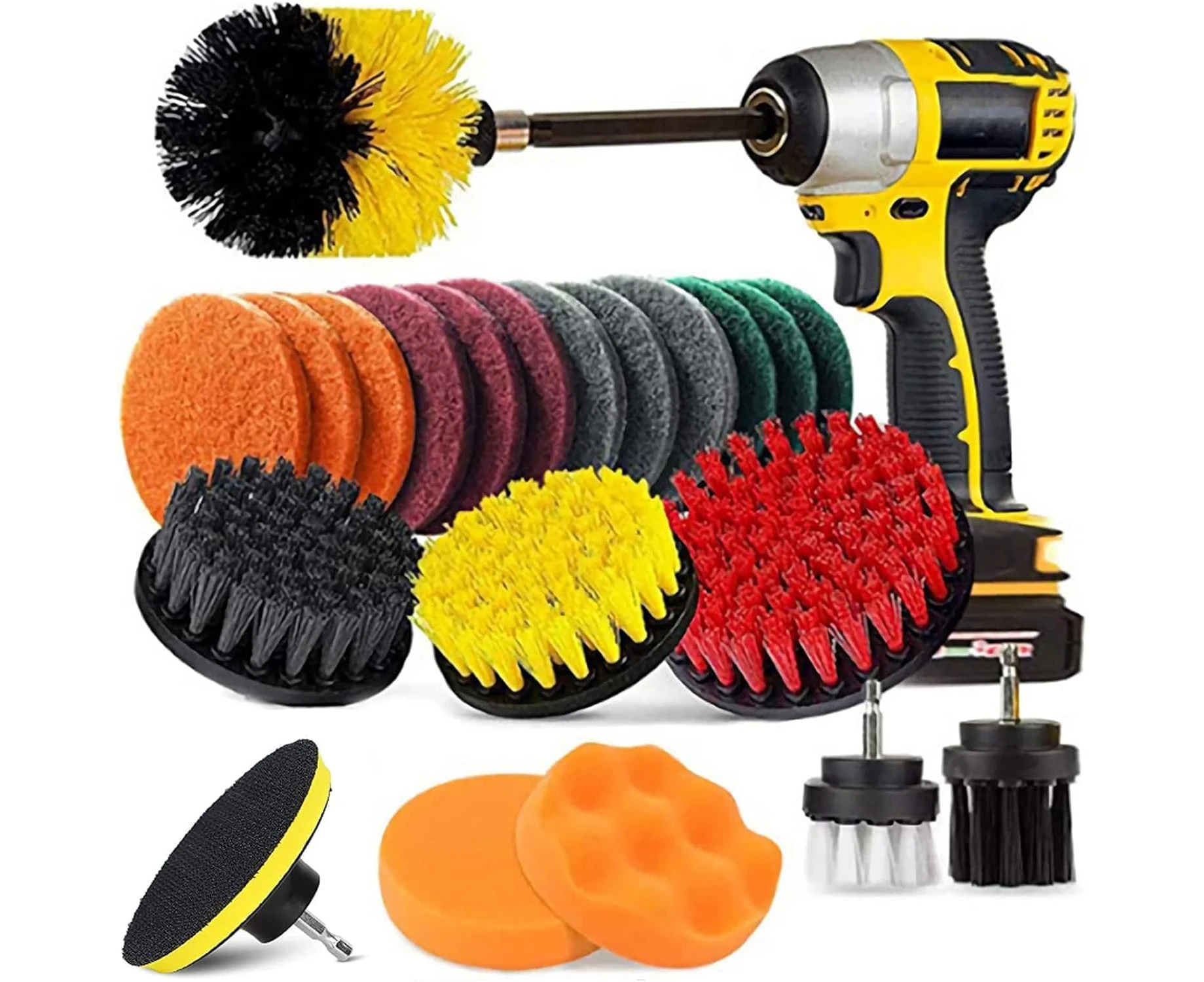 22 Piece Drill Brush Attachment Set with Extend Long Attachment, H HOME-MART Power Scrubber Drill Brush for Tire and Rim Cleaning, Drill Brush Kit for Clea