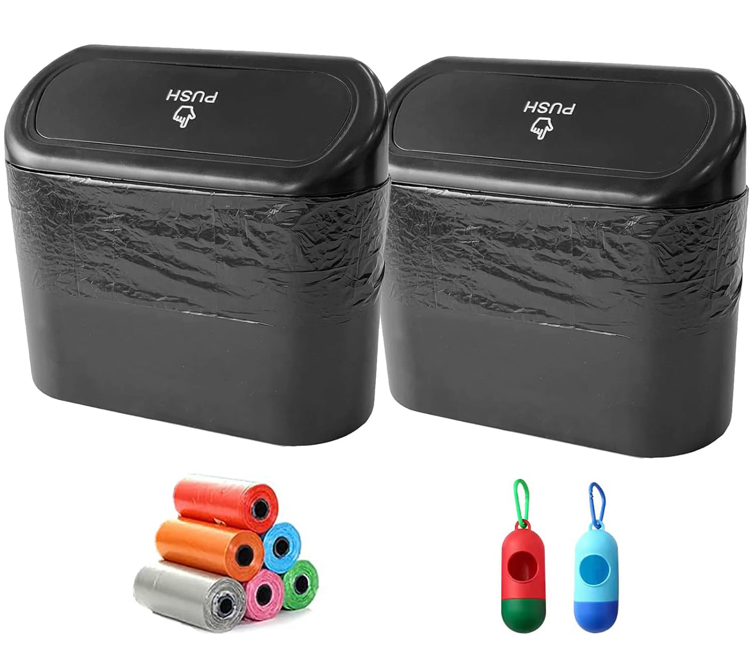 WEZCHUGHAOL 2 Packs Car Trash Can with Lid 150pcs Trash Bagsand 2 Garbage Bag Dispenser, Mini Car Accessories Garbage Can, Car Trash Can Bin, Car Dustbin O