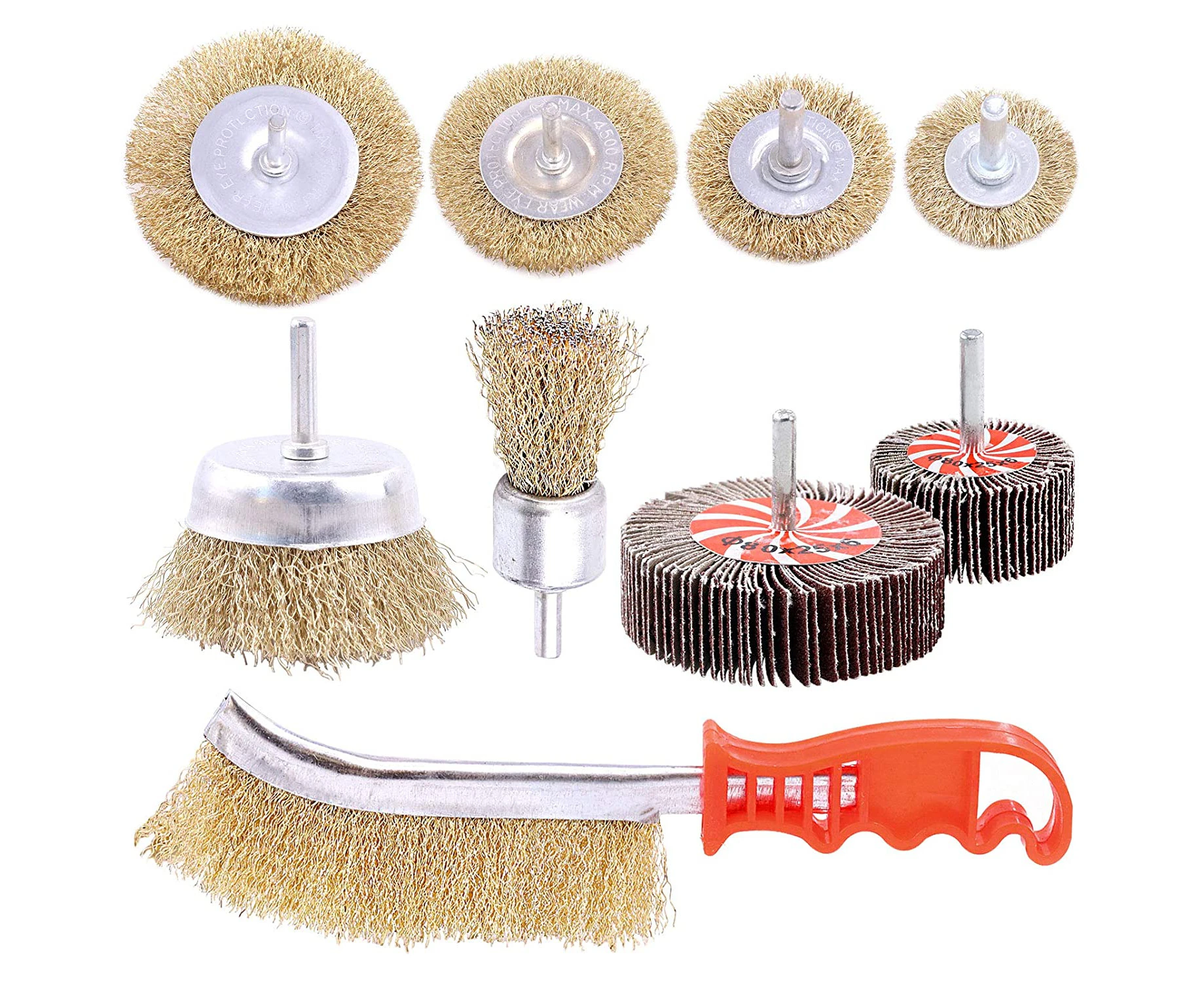 Glarks 9Pcs Wire Wheel Brush Set, Brass Coated Wire Brush Wheel Cup Brush with 1/4-Inch Shank for Iron Rust Removal, Corrosion and Scrub Surfaces