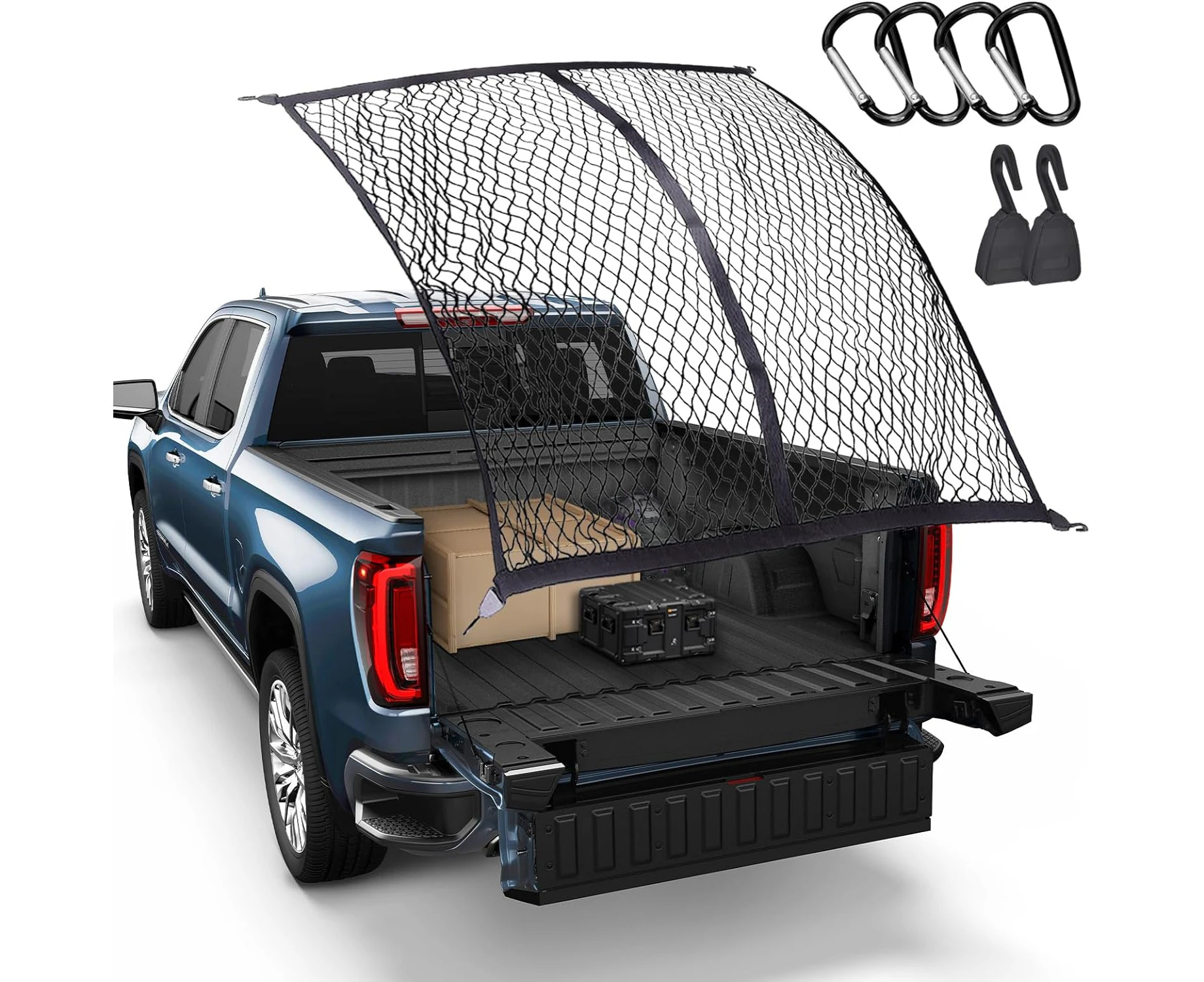 Powerful Cargo Net for Pickup Truck Bed Highly Elastic Mesh Truck Bed Organizer for Daily Light Loads of Trucks SUV ATV Boat 4'x4' Stretches to 7'x7'