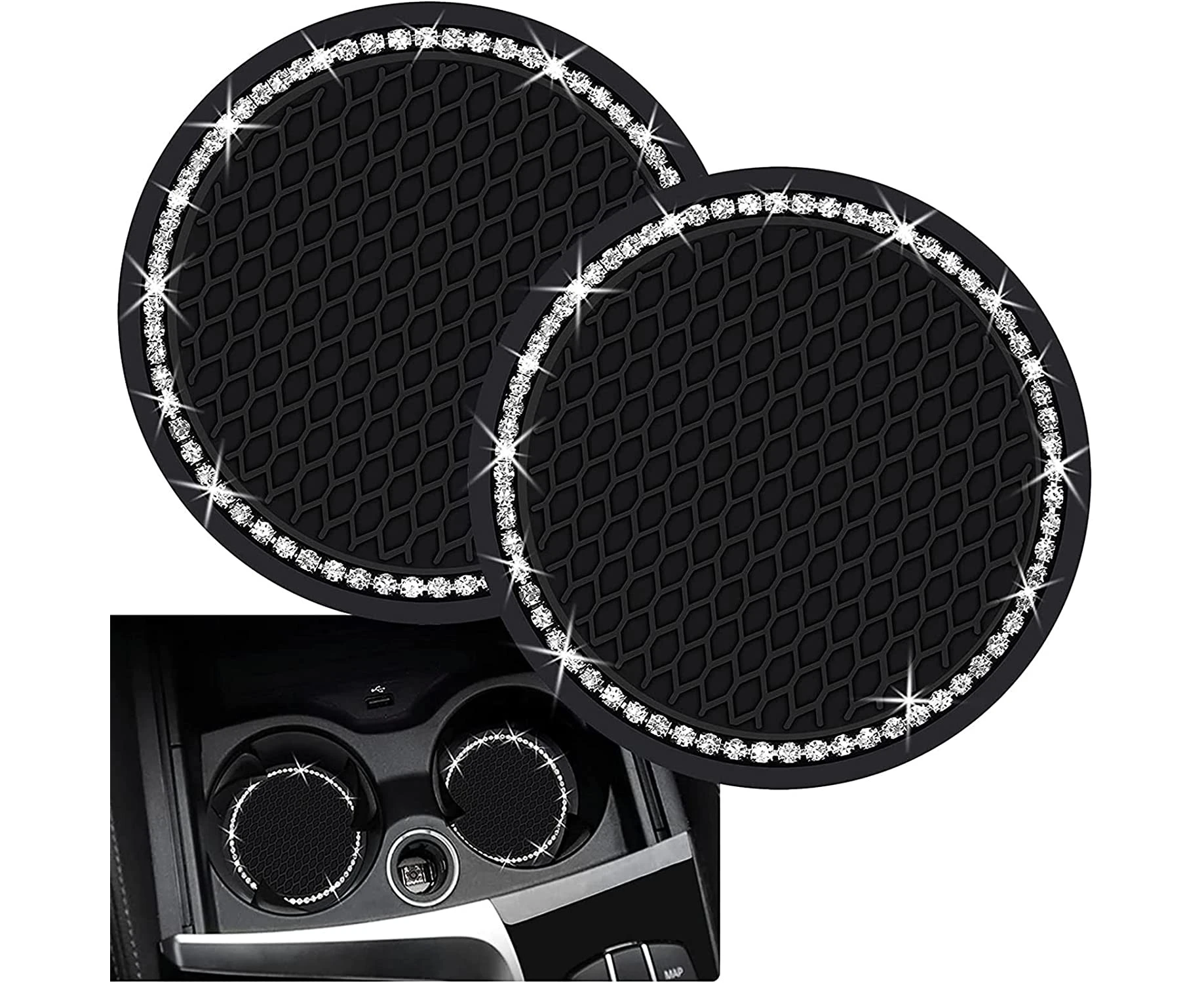 VIYNRAN 2 Pieces Bling Silicone Anti-Slip Car Cup Holder Insert Coaster Car Interior Accessories Crystal Rhinestone Car Coaster and Bling Engine Ignition B