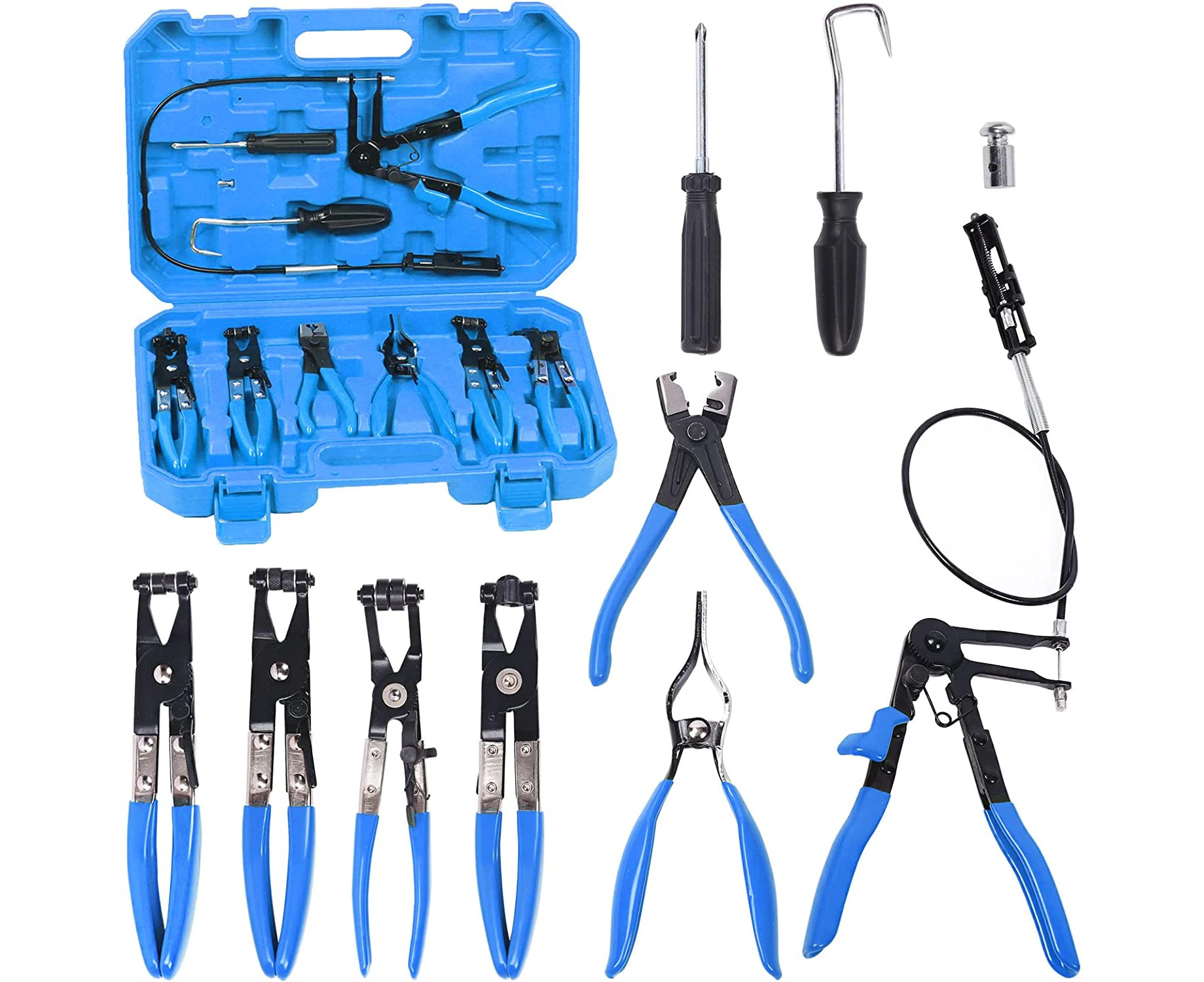 Glarks 9Pcs Blue Flexible Hose Clamp Pliers Set, Long Reach Spring Wire Clip Plier Hose Clamp Pliers Remover Kit for Replacement of Fuel, Oil, Water Hose