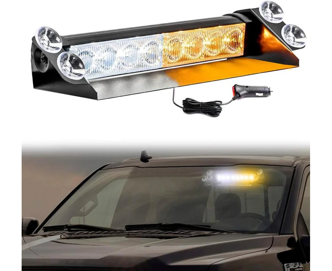 White Amber LED Windshield Strobe Lights,Emergency Dash Strobe Lights with Suction Cups,Hazard Safety Warning Traffic Advisor Lights for Construction Vehic