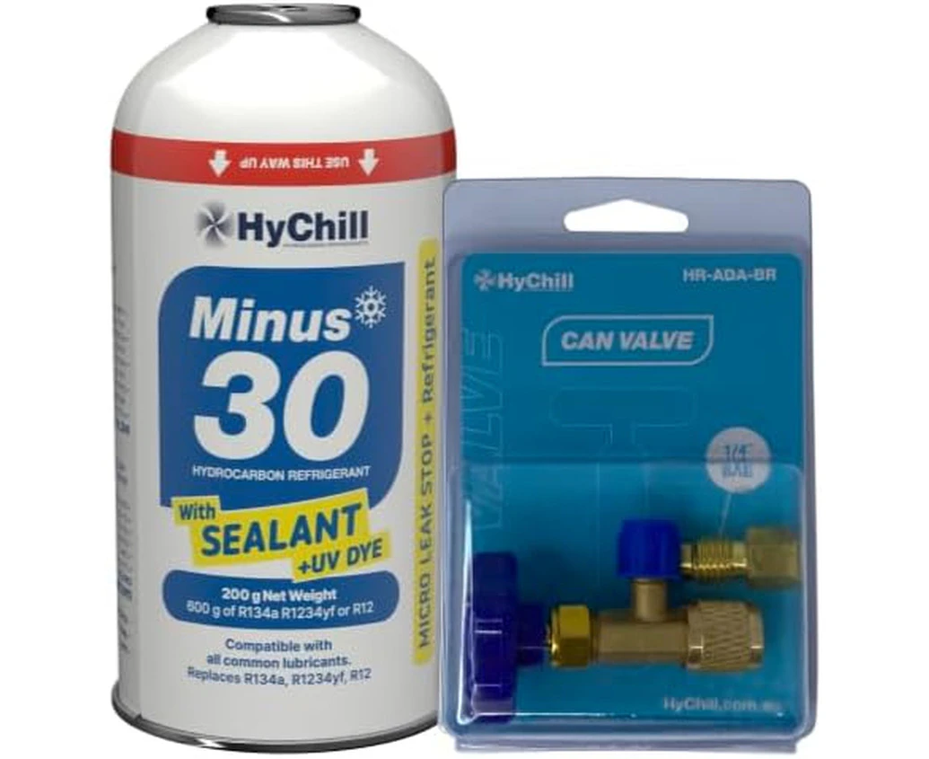 HyChill Minus 30 *Bundle* Low GWP Hydrocarbon Refrigerant – 200g Can with Sealant & UV Dye and Can Valve