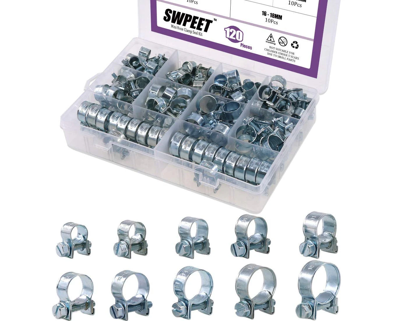 Swpeet 120Pcs 10 Sizes Zinc Plated Mini Fuel Injection Line Style Hose Clamp Assortment Kit Perfect for Automotive, Agriculture, Plant & Construction