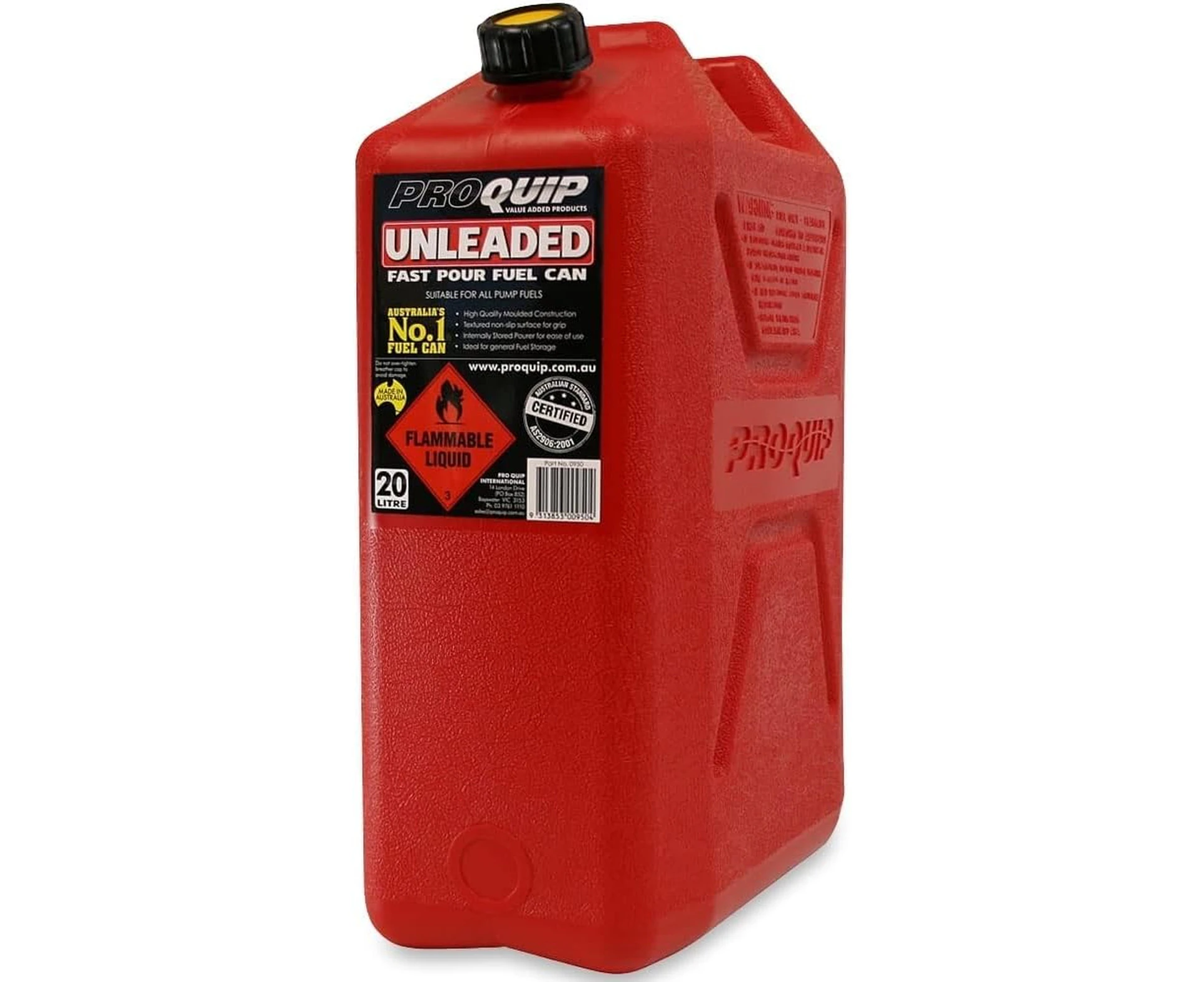 PROQUIP 20L Red Plastic Unleaded Jerry Fuel Can with Pourer TRUSTED BRAND