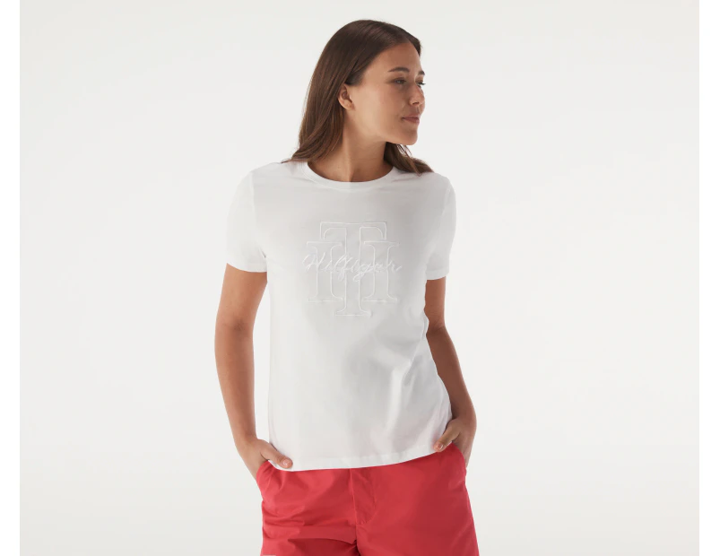 Tommy Hilfiger Women's Script Open Neck Tee / T-Shirt / Tshirt - Optic White