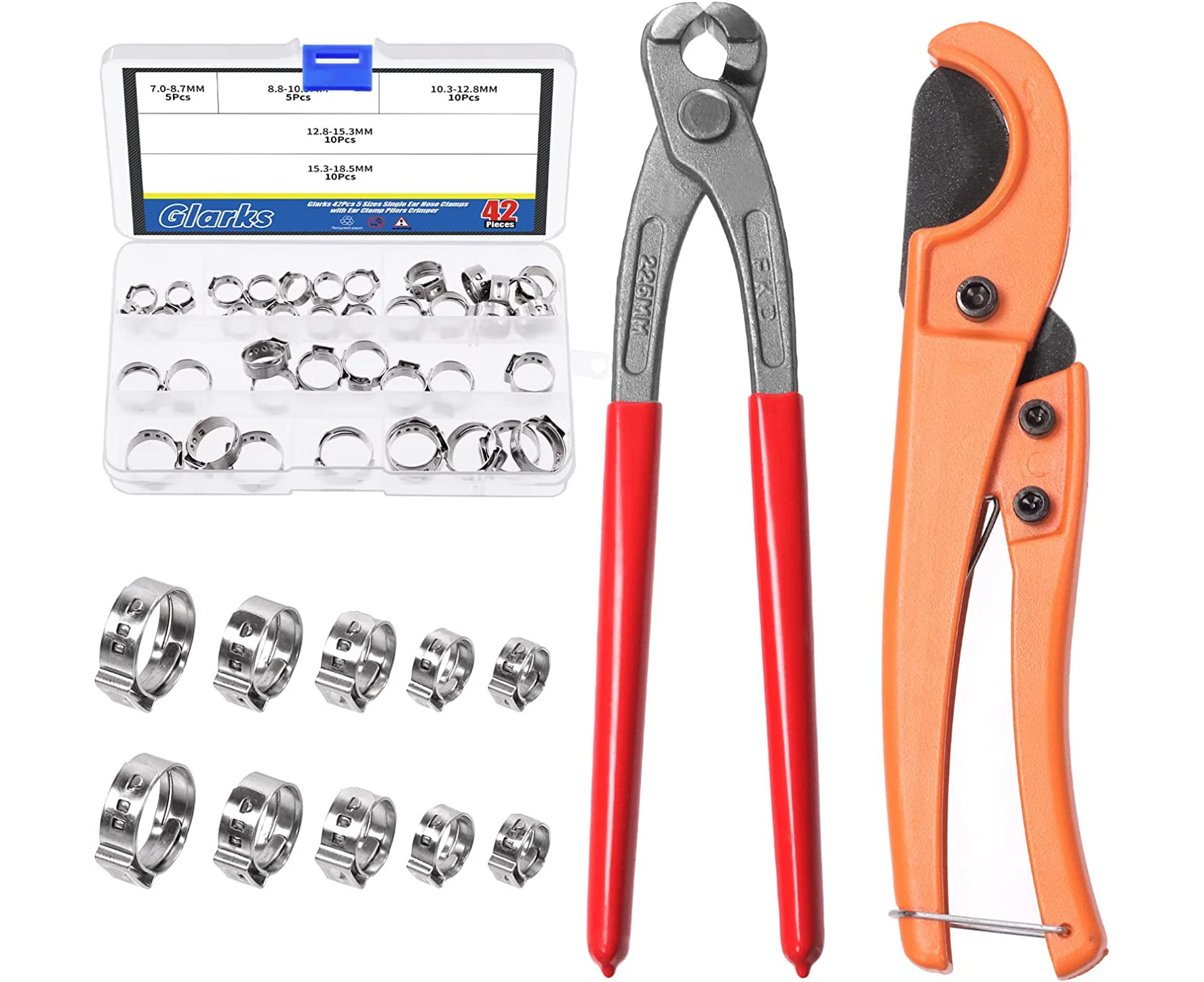 Glarks 42Pcs Ear Clamp Pliers Pincer Crimper Tool and Pipe Cutter with 7-18.5mm 5 Sizes Stainless Steel Single Ear Hose Clamps Kit for Automotive, Marine,