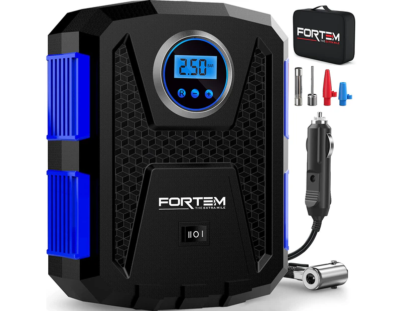 FORTEM Tyre Inflator Portable Air Compressor 150 PSI, Bike Pump, 12V Electric Air Pump for Car Tyres and Bicycles w/LED Light, Digital Tyre Pressure Gauge