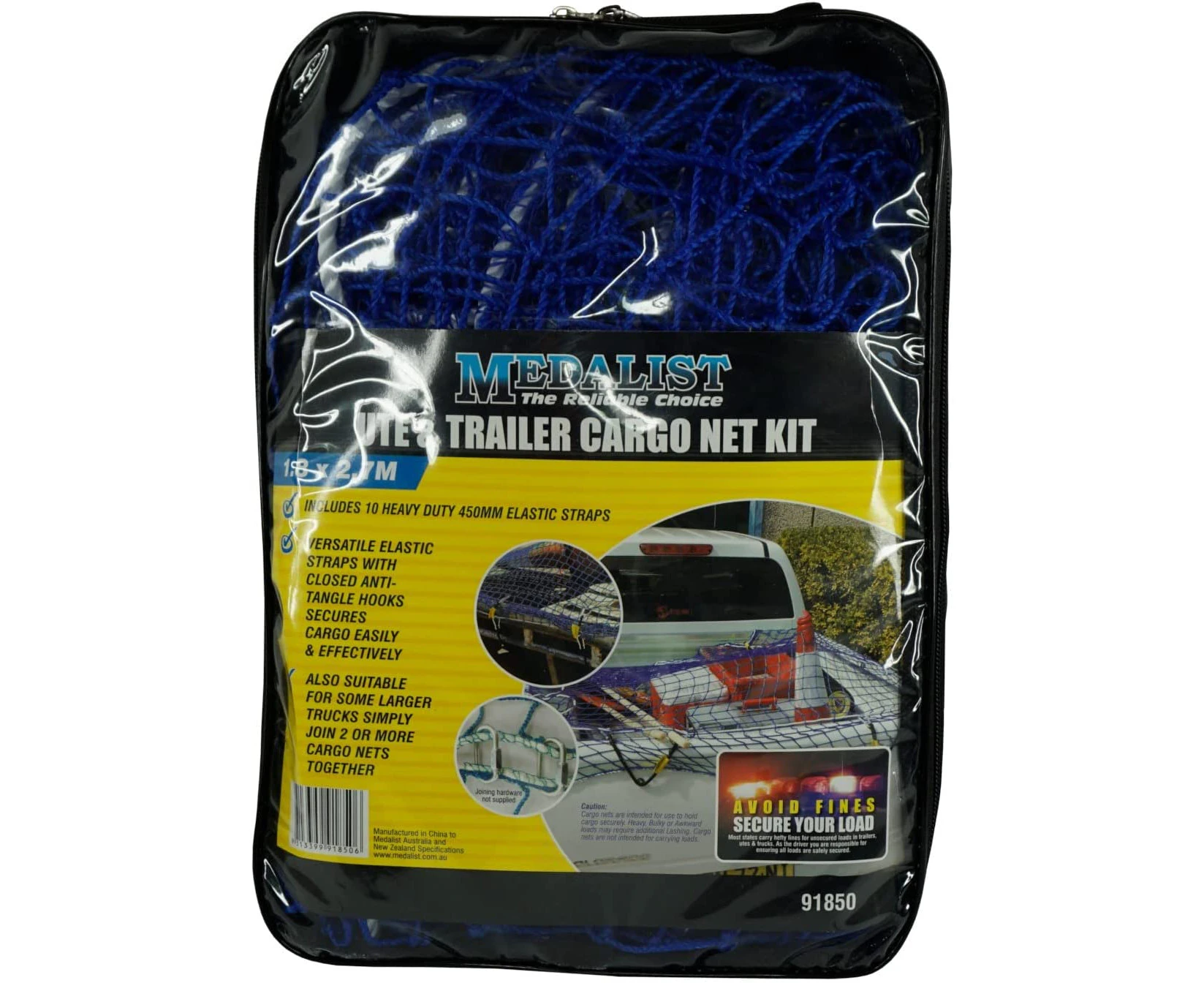 Medalist Cargo Net for Truck Trailer Ute Bed with Square Mesh, 1.8 Meter x 2.7 Meter Size, Blue