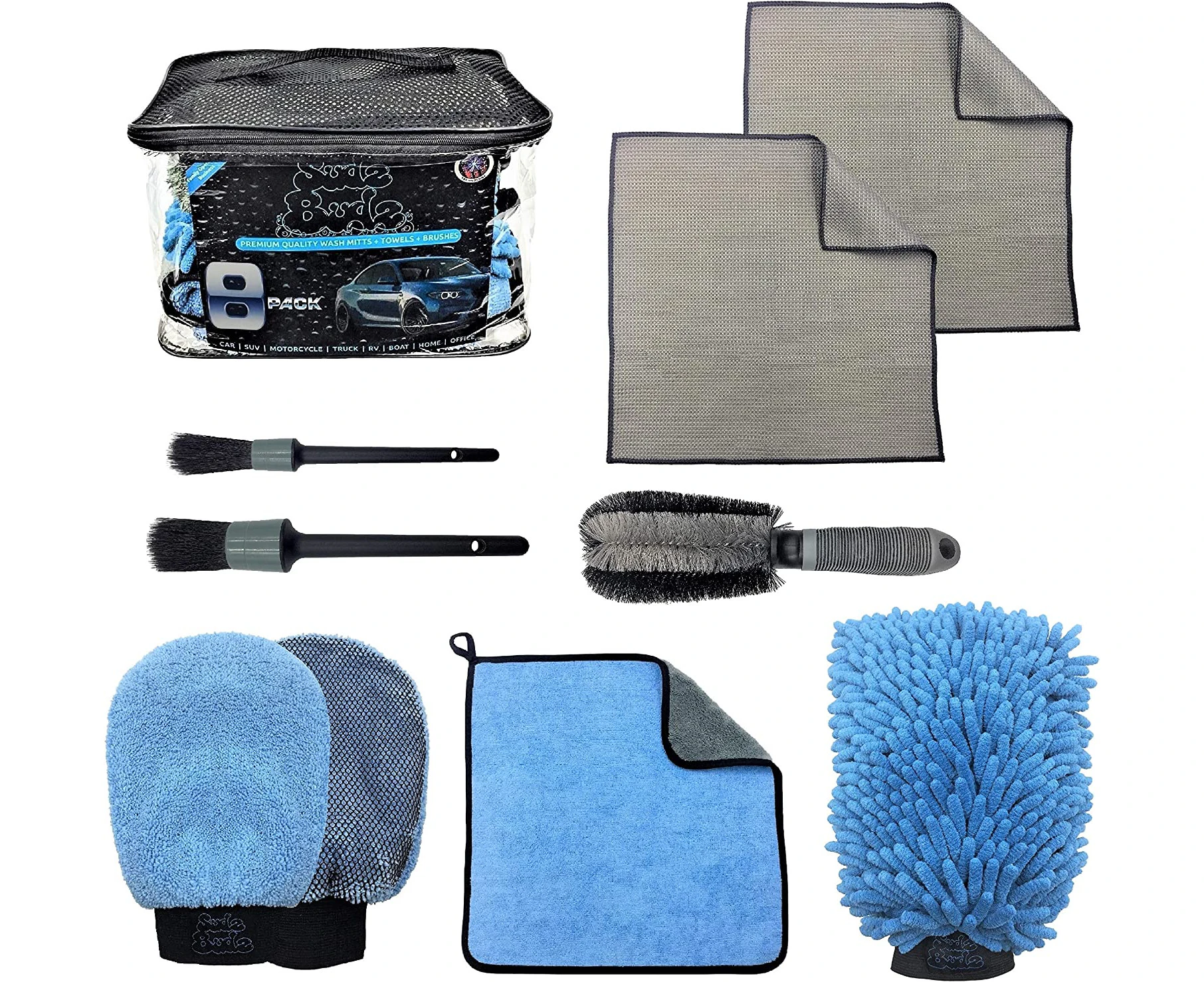 Sudz Budz® Premium Car Wash Kit 8pcs | Washing and Detailing Mitts, Microfibre Towels Set, Wheel Cleaning Brush, Detailing Brushes. Professional Detail Acc