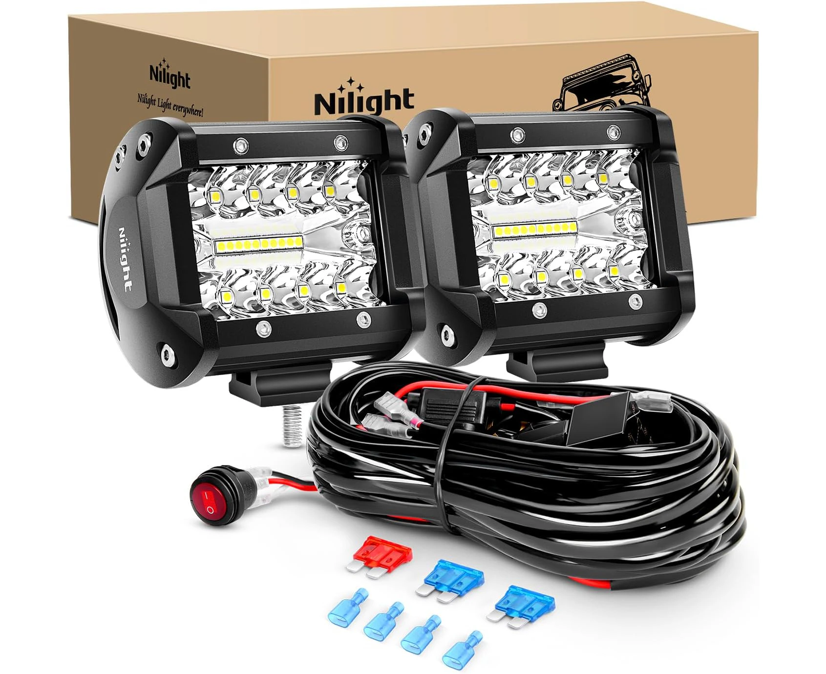 Nilight 2PCS 4Inch 60W LED Pods Spot Flood Amber White Light Bar Strobe 6 Modes Memory Function Off-Road Truck Car ATV SUV Cabin Boat with 16AWG Wiring Har