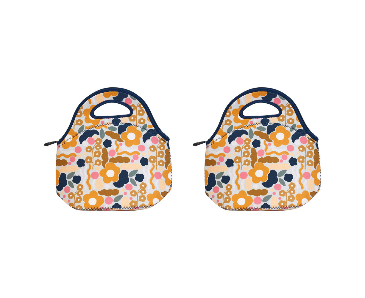 2x Annabel Trends 30cm Neoprene Lunch Bag Outdoor Lunchbox Floral Puzzle Mustard