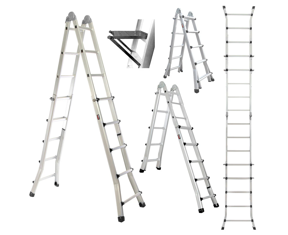 Bullet 5.1m Folding Aluminium Multipurpose Ladder, w/ Workshelf Platform, Spring Assisted Rapid Safety Lock Adjusters