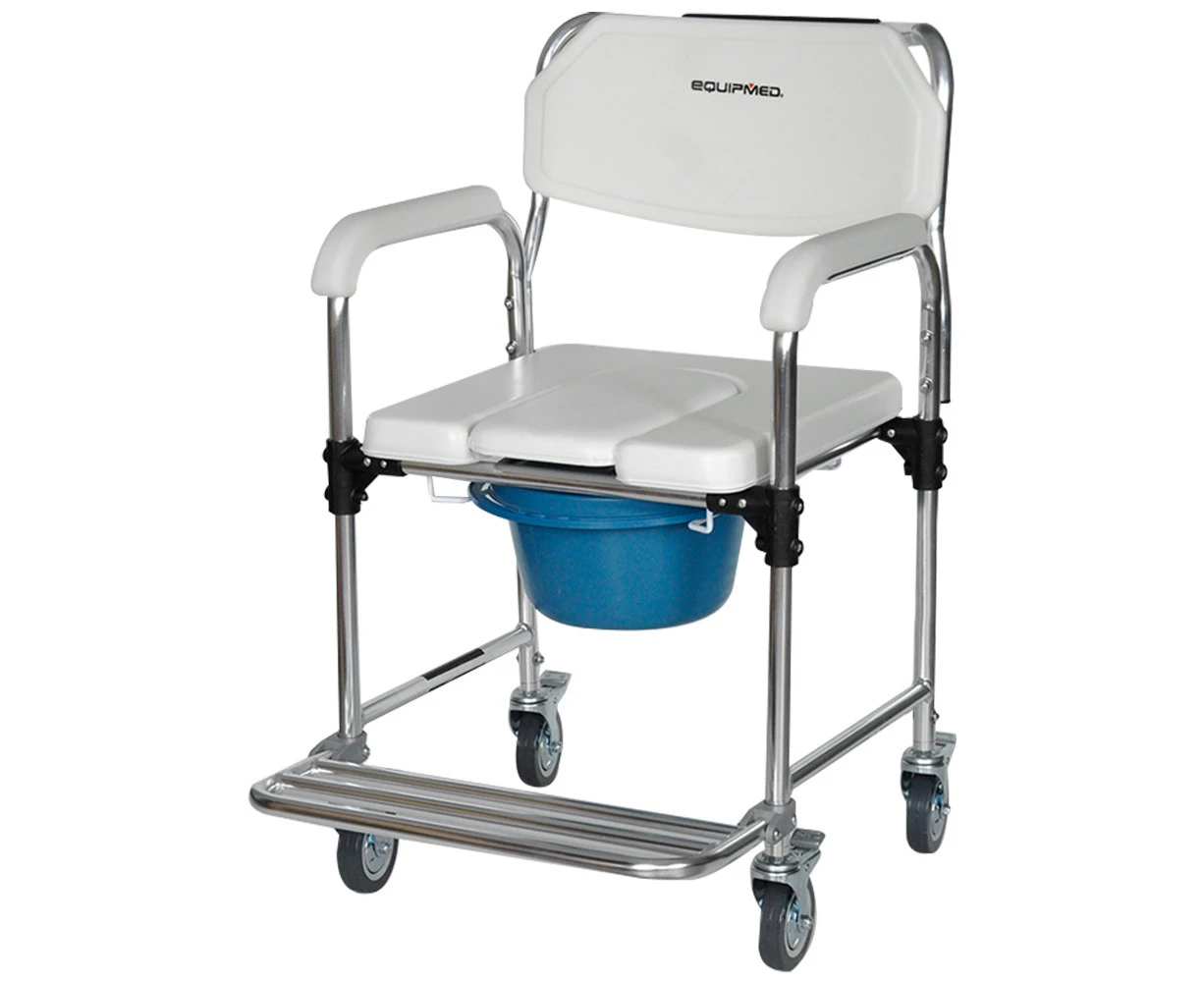 Equipmed Commode Shower Chair, Over Toilet or Bedside 136kg Capacity Aluminium frame with Wheels, White/Blue