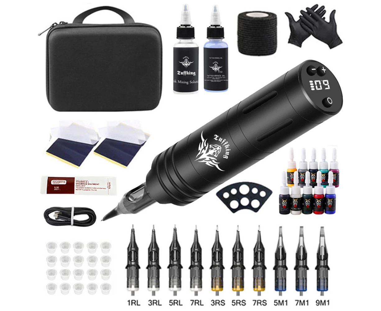 Tattoo Machine Complete Kit Wireless Motors Pen Gun Color Ink Power Supply Needle Battery LED Digital Portable Black