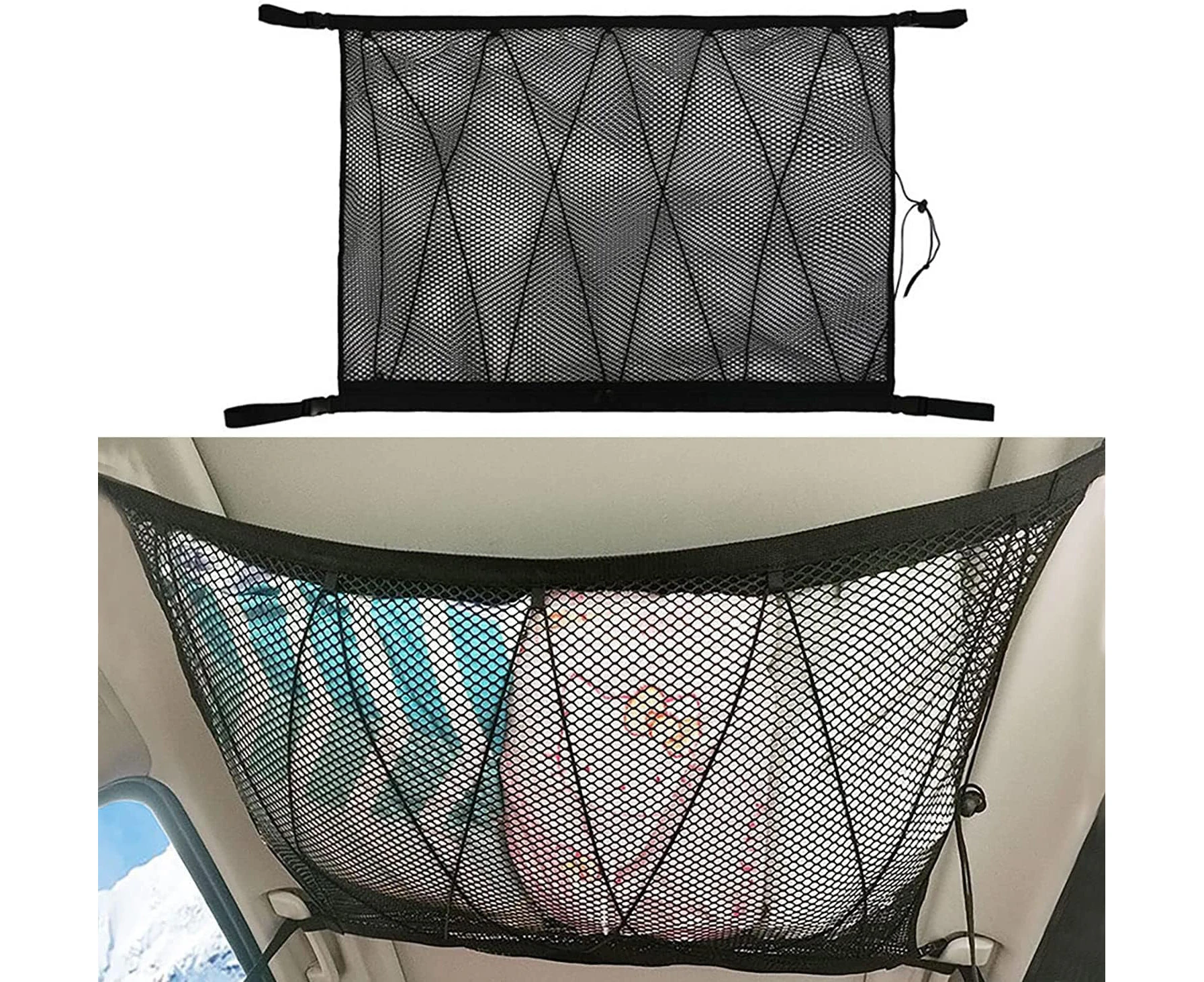 Upgraded Car Ceiling Cargo Net Pocket, SUV Roof Top Bag, Car Camping Storage Bag SUV Accessories, Double-Layer Mesh Car Roof Storage Organizer for Tent Put