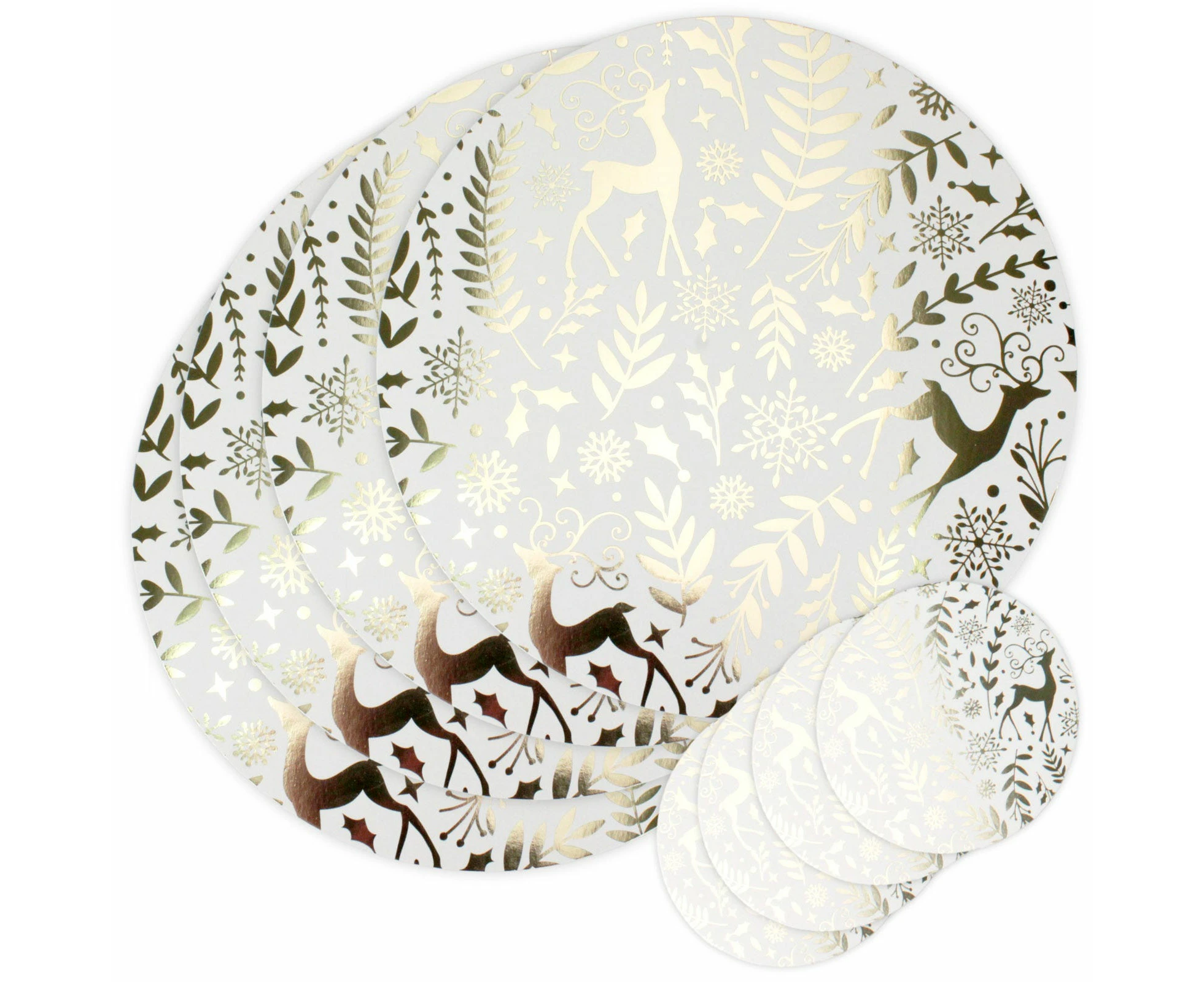 Christmas White and Gold Foil Placemat & Coaster Set (For 4 Guests)