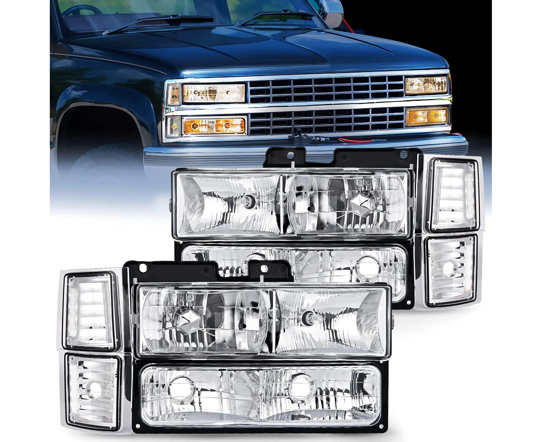 Nilight Headlight Assembly for 1994 1995 1996 1997 1998 Chevy Silverado Tahoe Suburban C10 C/K 1500 2500 3500 Replacement Headlamp Black Housing Clear Refl