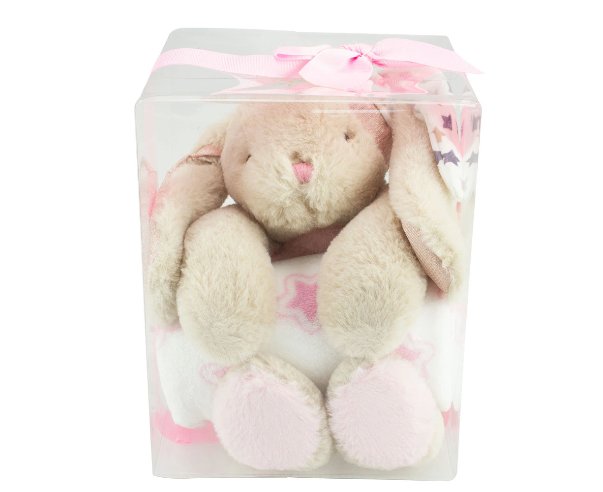 Baby Blanket And Plush Toy Gift Set In A Beige Bunny Design Holding A Blanket