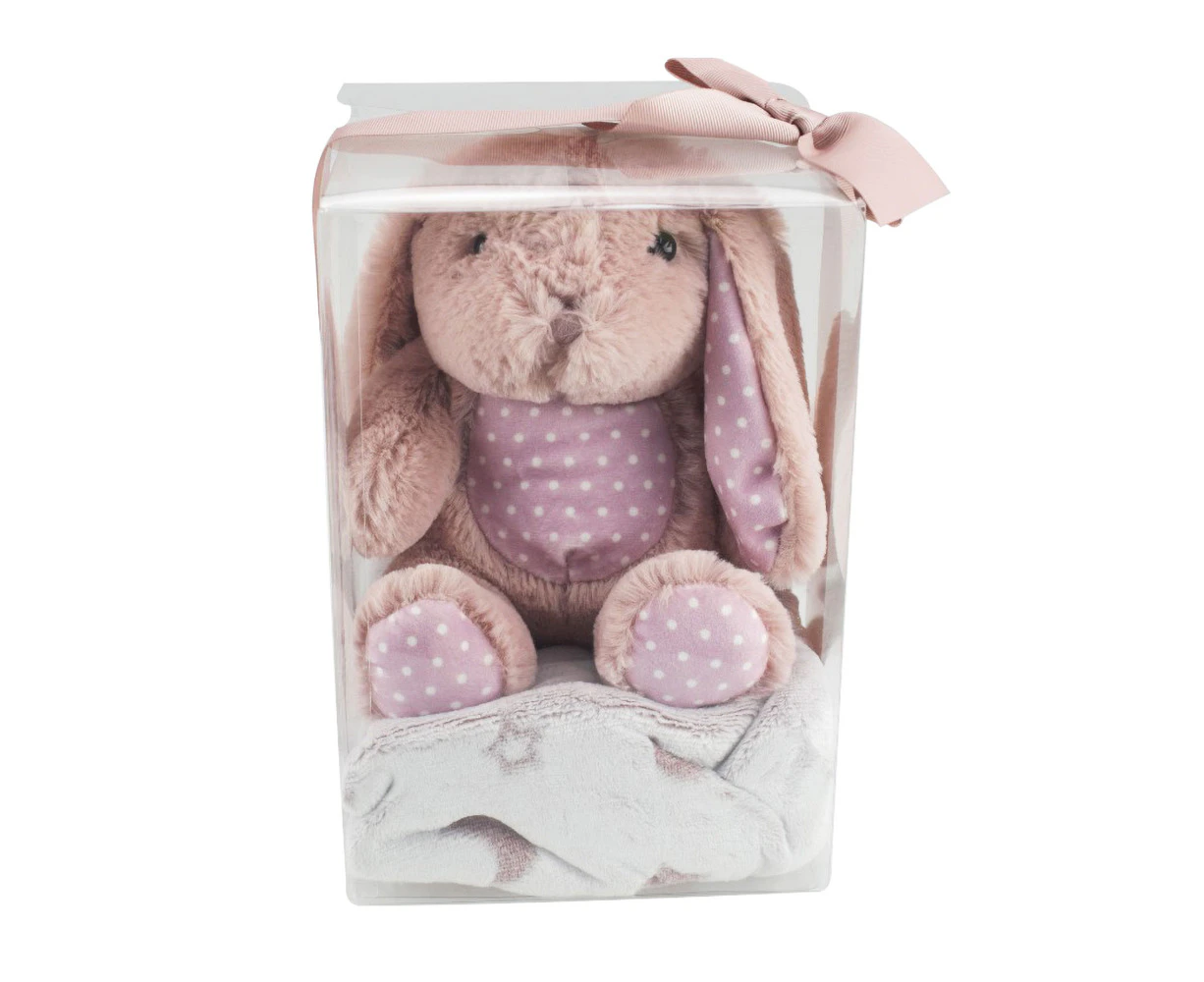 Baby Blanket And Plush Toy Gift Set In A Dusty Pink Bunny Design