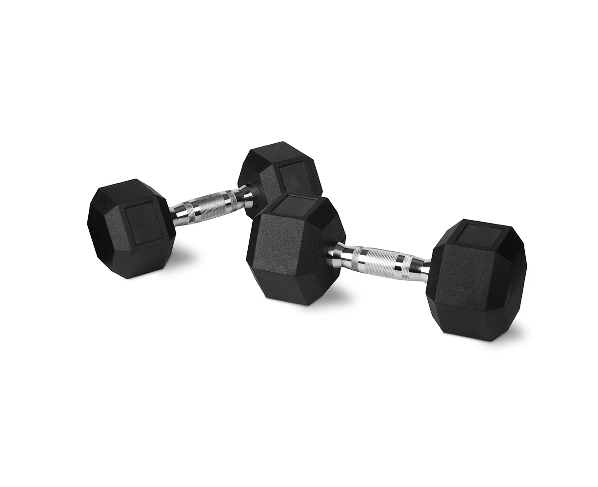 2x Rubber Hex Hexagonal Dumbbell Pair 10kg w/ Chromed Grip Home Gym Workout Set