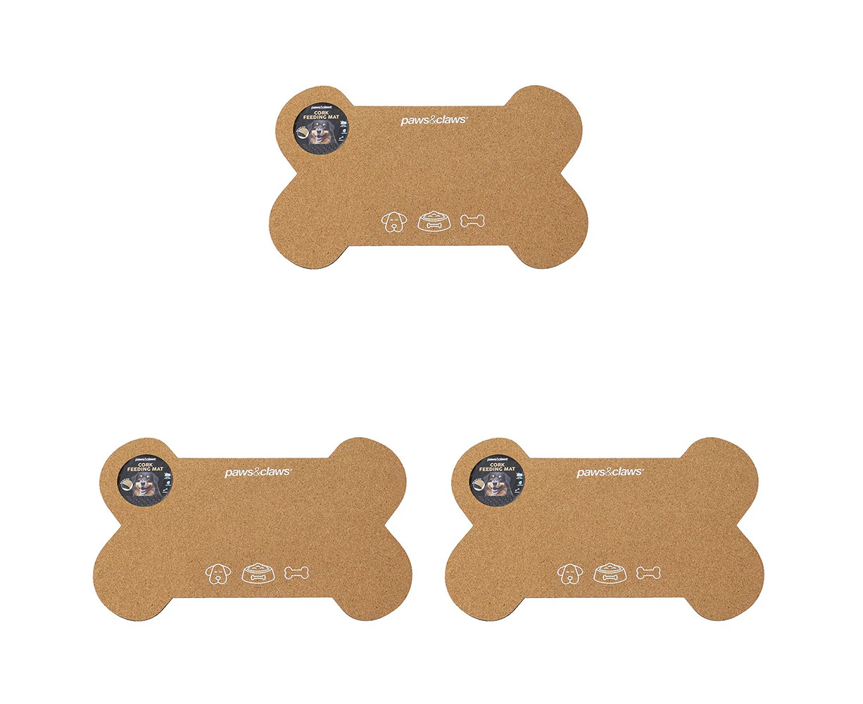 3x Pawsnclaws 55x33cm Cork Feeding Floor Mat Bone Dog/Pet Non-Slip Rug Brown