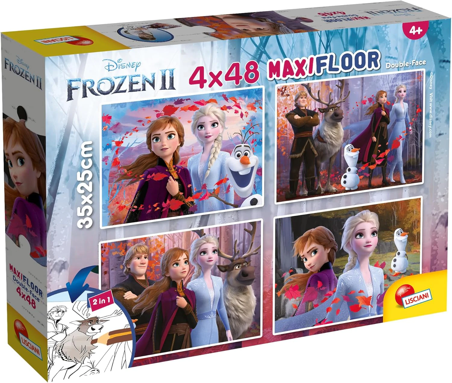 Lisciani - PUZZEL DISNEY 2 in 1 - Frozen - 48 Pieces - 4 Puzzles Frozen For Children From 4 Years - 35x25 cm - Double Sided - Back to Colour with Felt Pens