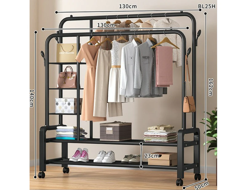 Heavy Duty Double Clothes Rail 120Kg Load Cloth Rack With Shelves & Shoe Stand