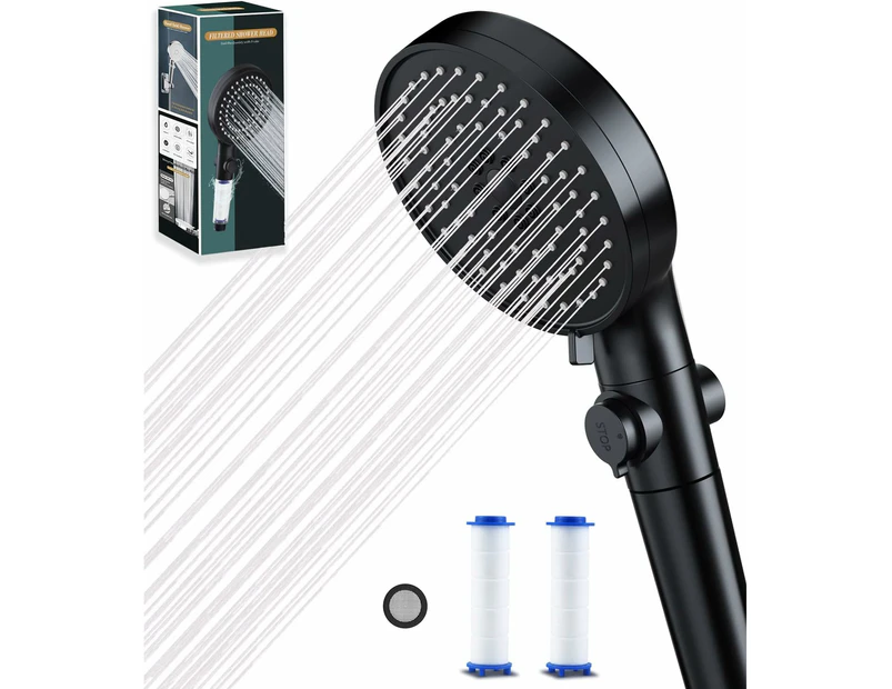 5 Modes Water Saving Shower Head - High Pressure - Adjustable Shower Head With Filter, One Button Shutoff, Hoseless Water Saving Head (Black) Lumten