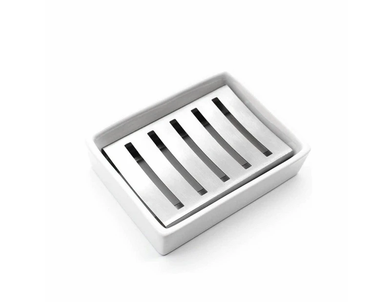 1Pc Soap Dish White Ceramic + Matte Silver,Color White