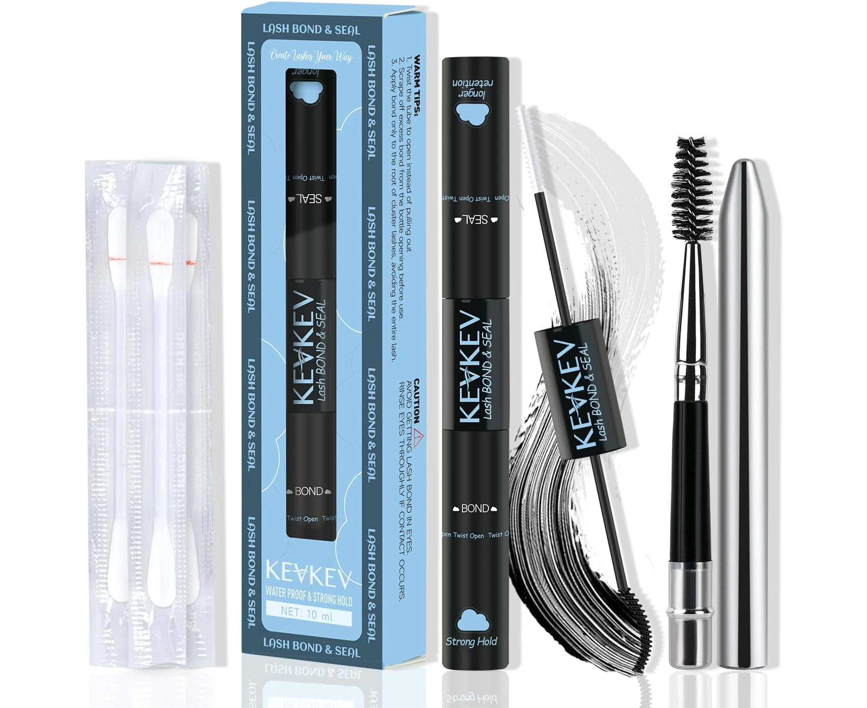 KevKev Lash Bond and Seal Lash Glue WaterProof Eyelash bond and Seal for Lash Clusters with Lash Brush Remover Cotton Swabs Lash Cluster Glue 72 Hours Stro