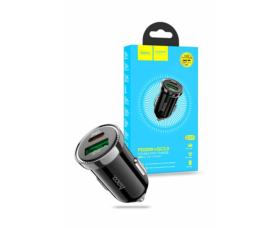 Hoco USB-C USB-A QC3.0 PD20W Car Charger - Charger with USB A to Lighting Cable