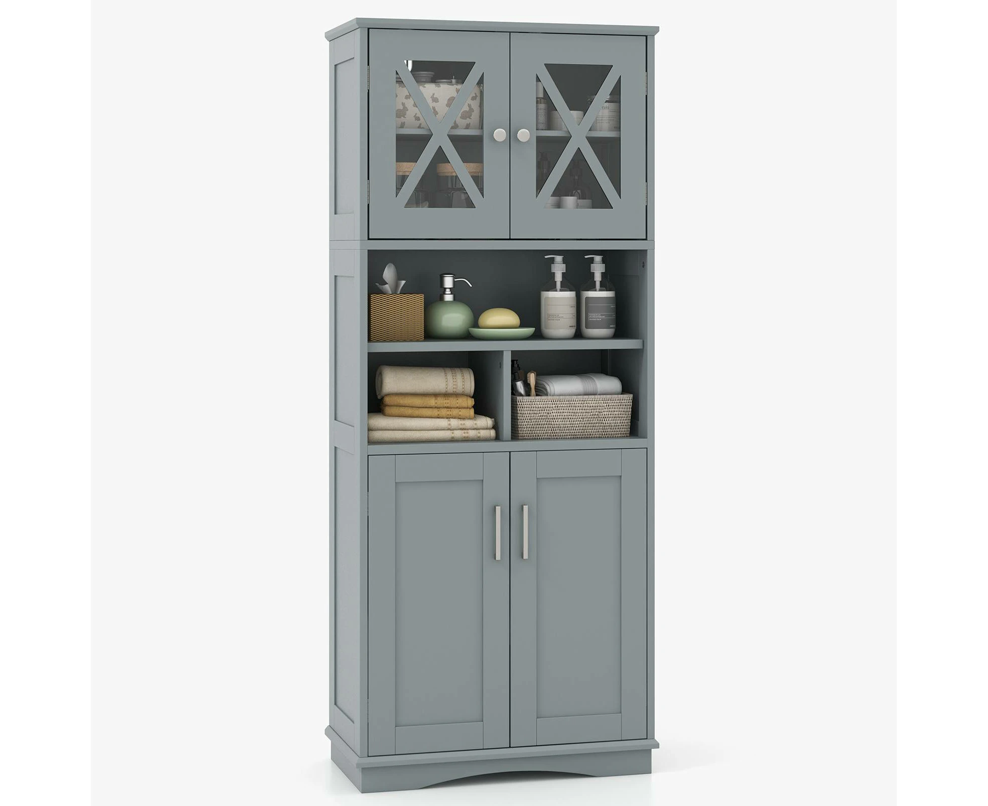 Giantex Bathroom Cabinet Storage Cabinet w/3 Cubes & Acrylic Doors Kitchen Cupboard Grey