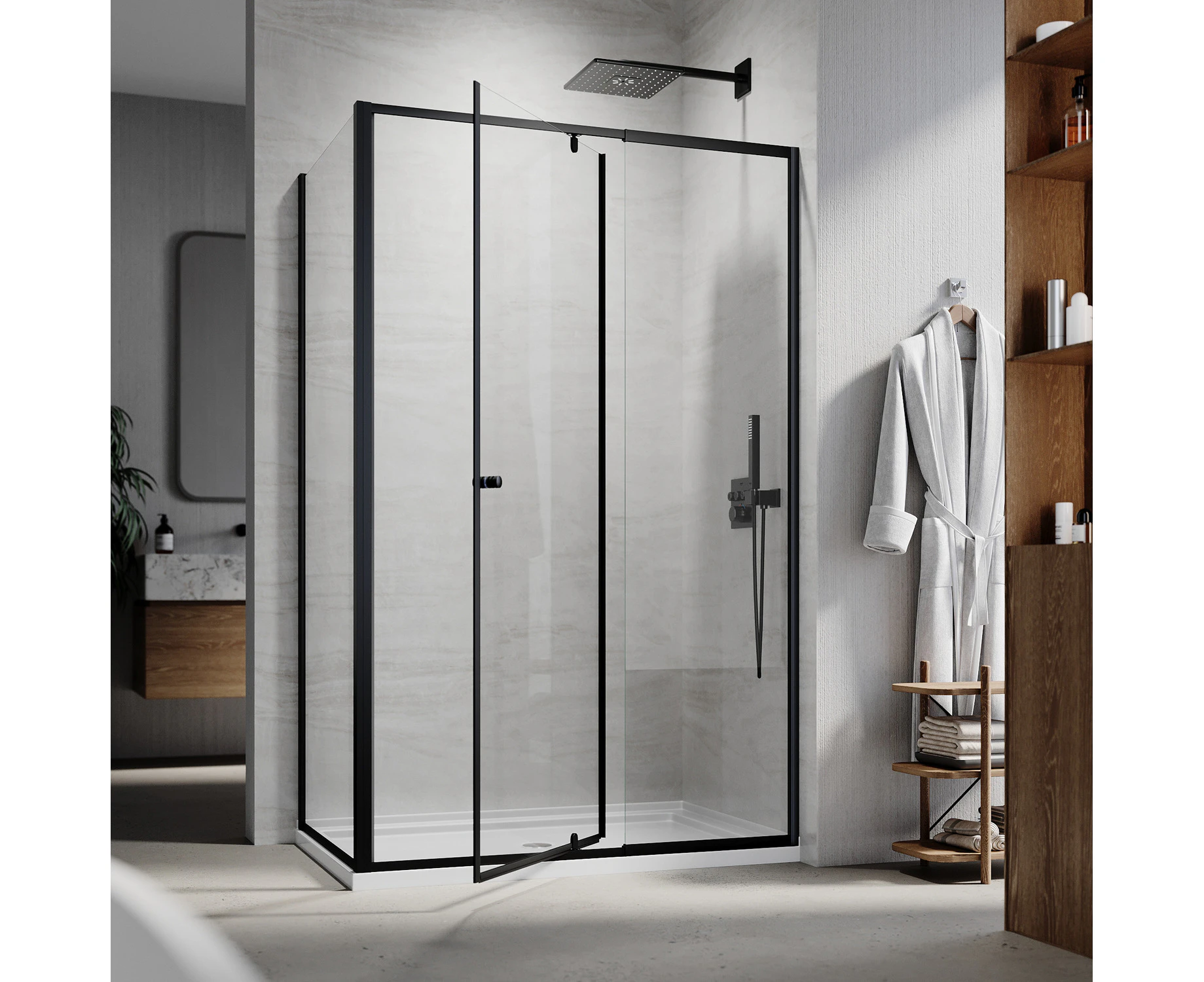 ELEGANT Semi-Frameless Shower Enclosure Pivot Shower Door Adjustable Size 1100x800mm in Black Shower Screen