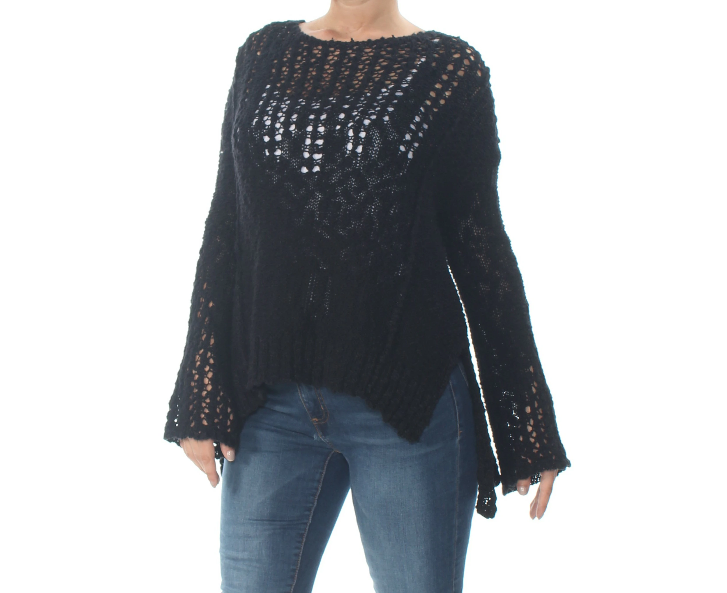 ARIZONA Womens Black Eyelet Long Sleeve Jewel Neck Sweater Size: L