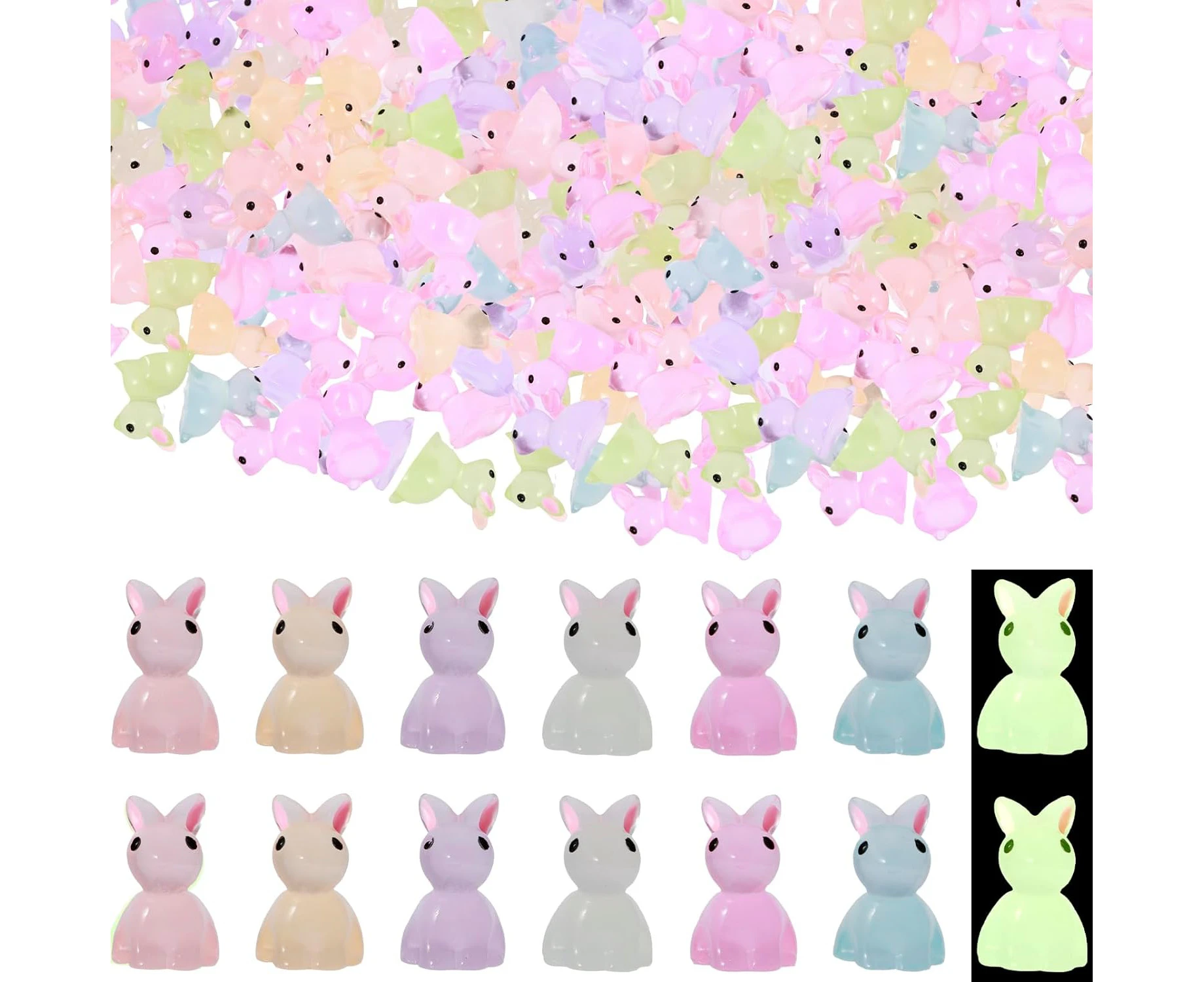 200 Pcs Mini Resin Luminous Rabbit 7 Color Miniature Rabbit Figurines Glow in The Dark Garden Miniature Bunny Figurines Luminous Mini Resin Bunny Resin Bun