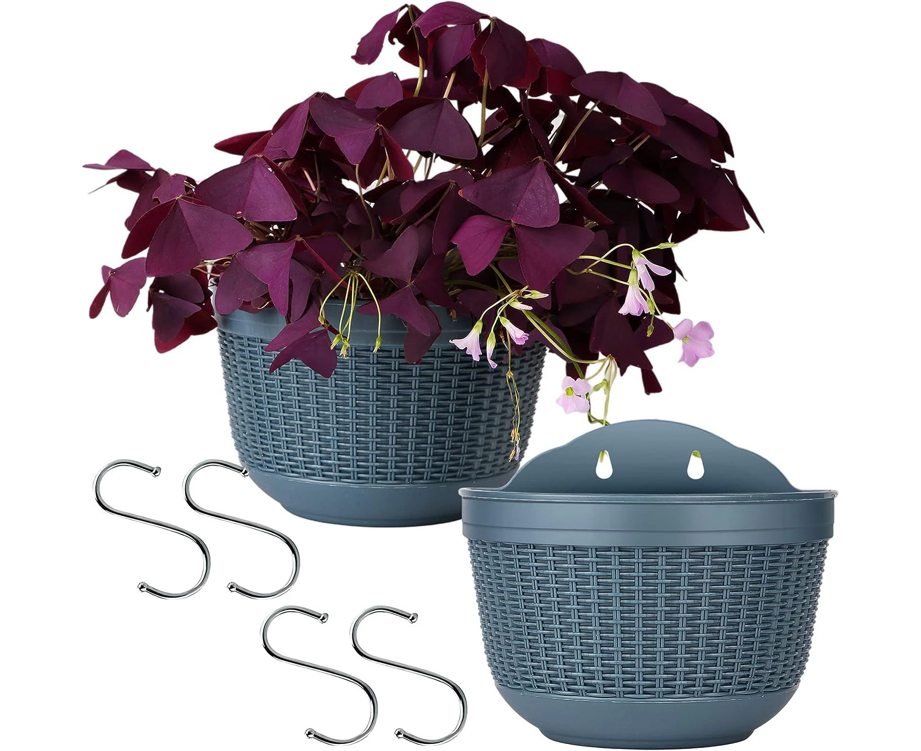 Wall Hanging Planters Railing Hanging Planters, 2PCS Plastic Plants Pot Wall Mounted Hanging Basket Fence Flower Pots Plants Container with Hooks for Porch