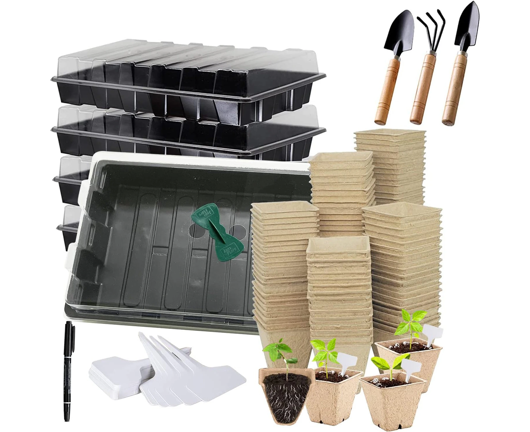 Seed Starter Kit with 90 Peat Pots for Seedlings Seed Starter Trays, 5 Plastic Growing Trays 20 Plant Labels & 3 Garden Tools, Outdoor or Indoor Herb Garde