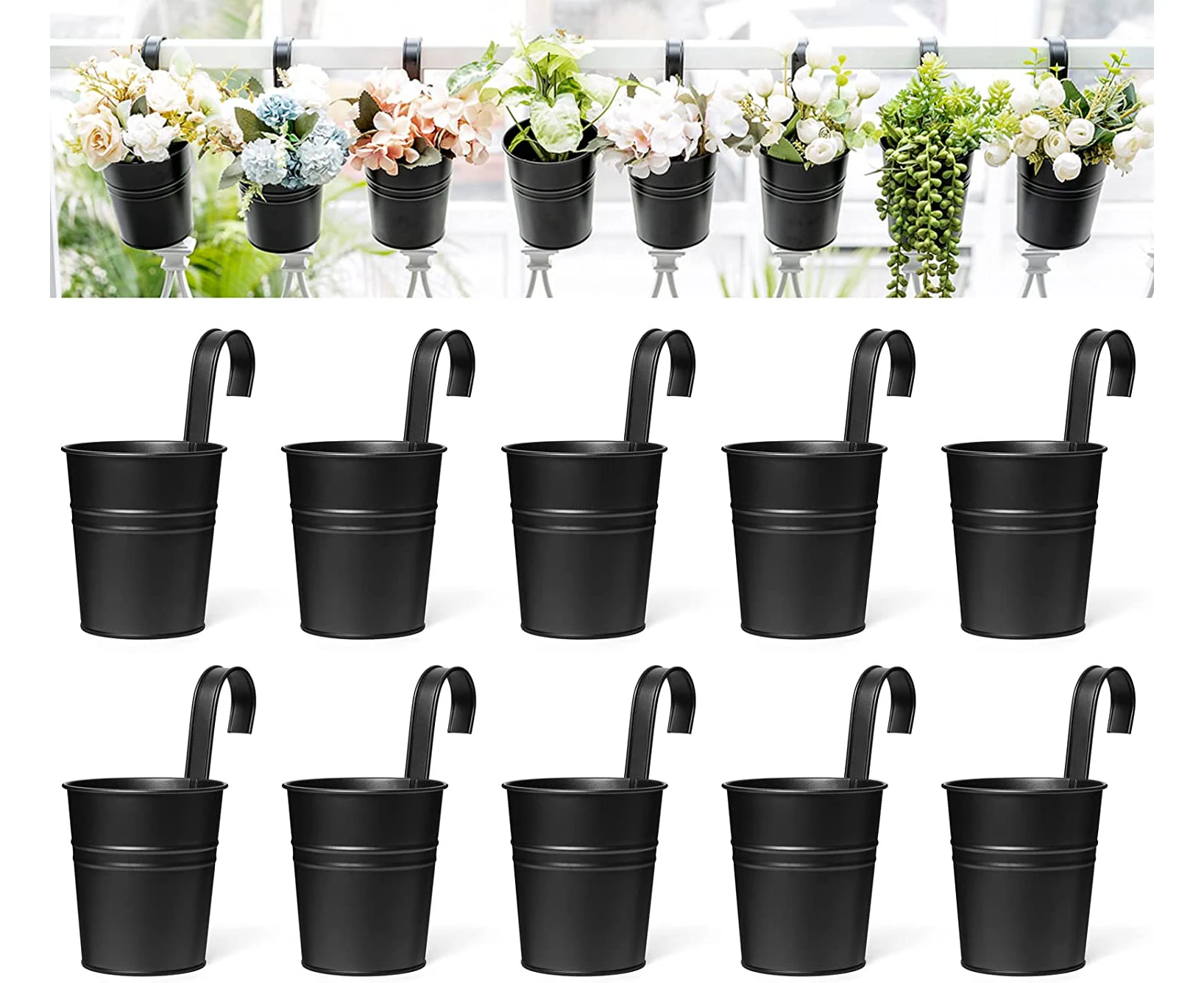 Dahey 8 Pcs Hanging Flower Pots Metal Iron Bucket Planter for Railing Fence Balcony Garden Home Decoration Flower Holders with Detachable Hooks, Black