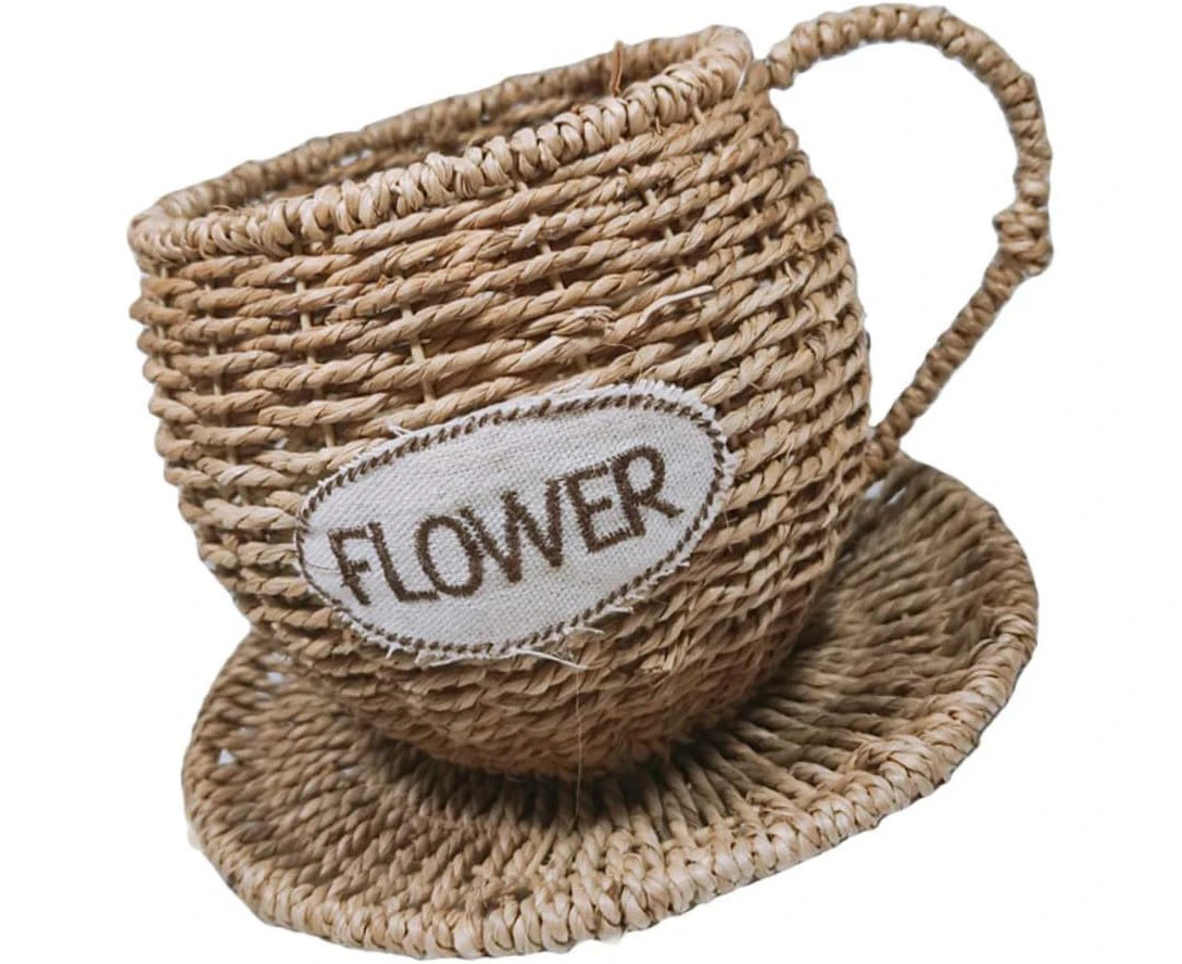 Yardenfun Woven Teacup Flower Basket Rustic Flower Basket Rope Basket Mini Planter Tea Cup Flower Pot Cup and Saucer Holder Flower Girl Basket Desk Flower