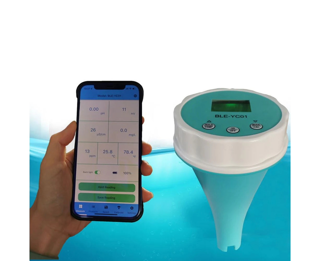 Pool Water Quality Tester Bluetooth Pool Monitor Digital Temp Chlorine, 6 in 1 Pool Thermometer, PH CL EC TDS ORP Temperature for Swimming Pool, Aquarium,